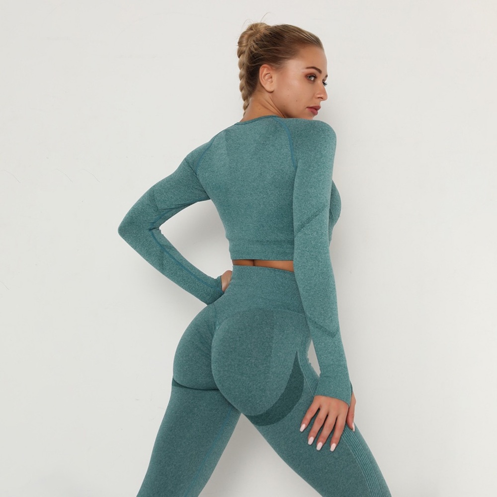Teal Bluish Green Long Sleeve Yoga Sport Crop Top - Picture 5 of 16